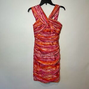 Carmen Marc Valvo Ruched Sheath Dress Womens 2 Pink Silk Sleeveless Cocktail